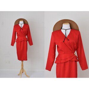 Vintage 80s Red Peplum Poly/Rayon dress by  Melissa‎ | size 8